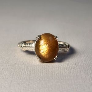 Semi VTG Real Sunstone "Cat's Eye" Solitaire 925 Ring Sz 11